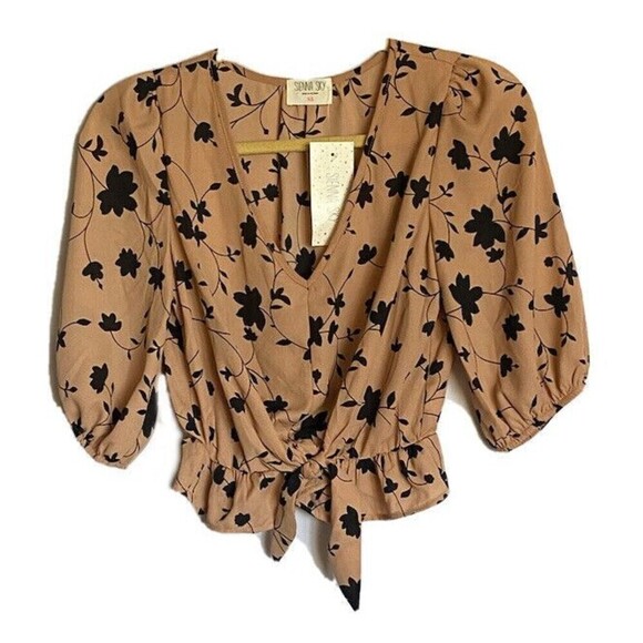 Sienna Sky Tops - SIENNA SKY Top Womens XS Floral Cropped Blouse Tie Waist V-Neck Shirt NEW